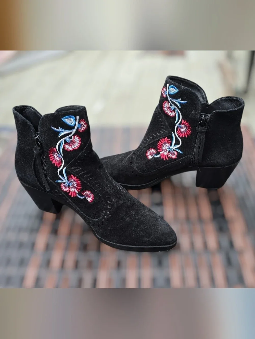 Rebecca Minkoff Black Suede Embroidered Ankle Boots